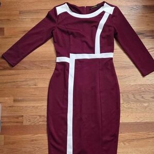 Chic Long Sleeve Burgundy Dress with White Accents